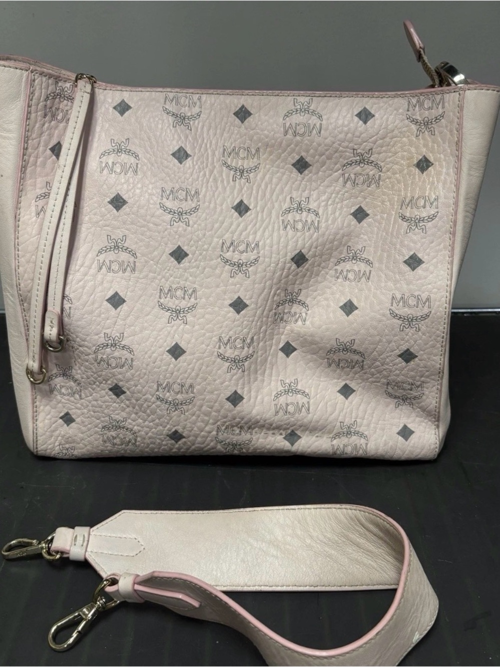 MCM Medium Klara Monogram Leather Hobo Bag Power Pink